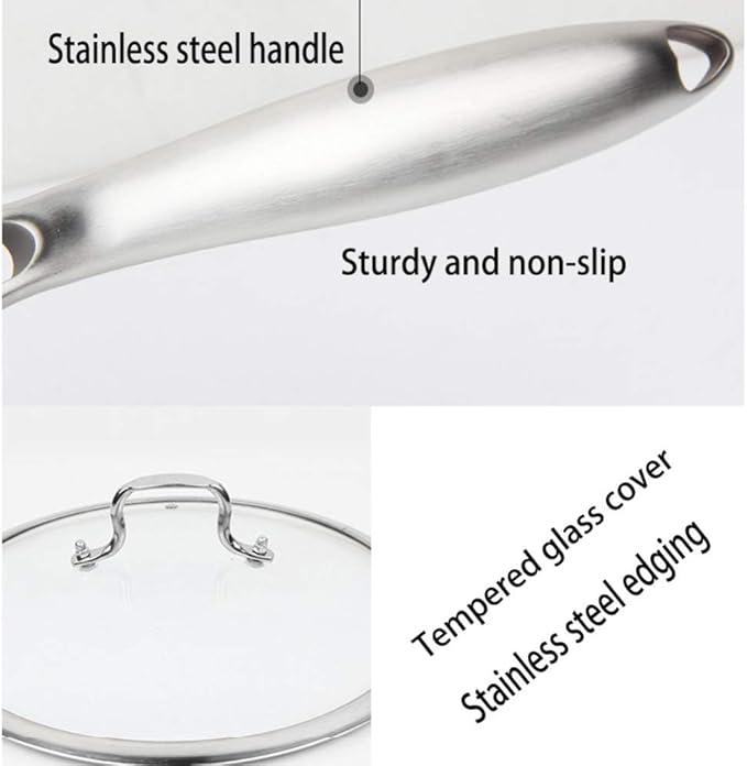 2 Pc Cookware SetDeluxe Quality Stainless SteelStock PotWokUncoated Non Stick Fry Panwith Tempered Glass CoverNon-Scalding Handle Suitable for Various Heat Sources Large Wok