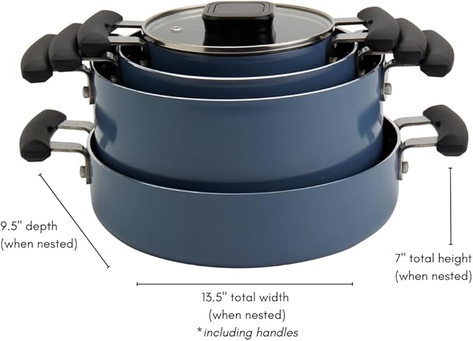 Denmark Tools for Cooks 7 Piece Ceramic Nonstick Aluminum Nesting Cookware Set Pots Pans Blue