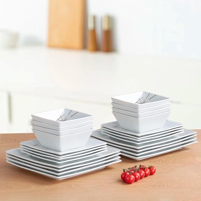DOMINI 12-Piece Kitchen Dinnerware Set Service for 4 Porcelain Dishes Dinner Set Square Dinnerware Sets with Dinner Plates Dessert Plates and Pasta BowlsWhite gold line