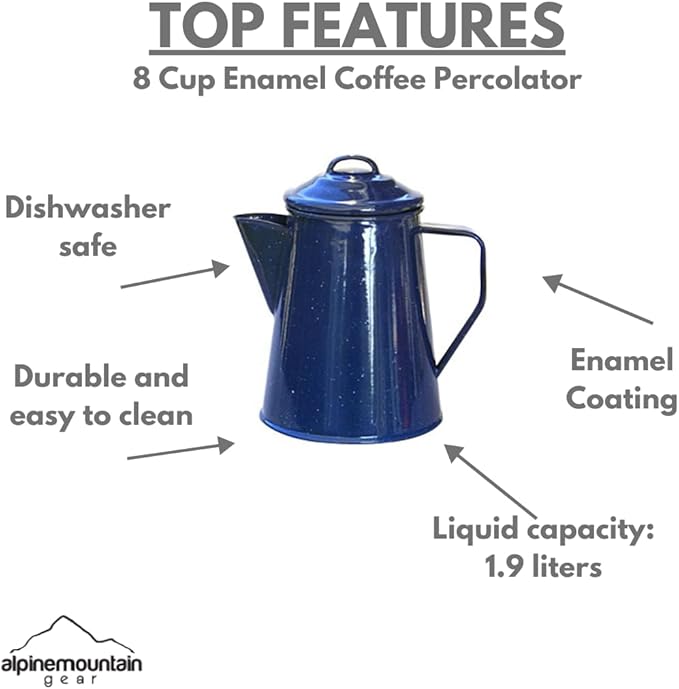 8 Cup Camping Enamel Coffee Percolator Made by Caddis Sports