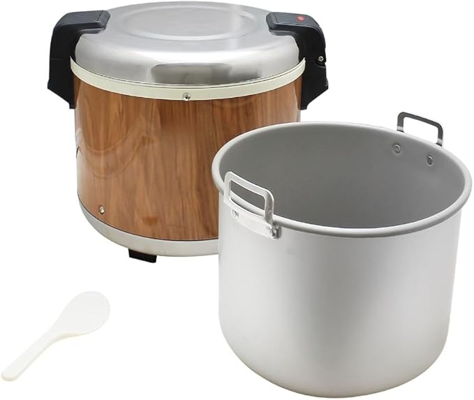 TrueCraftware- 50 Cup Electric Rice Warmer Stainless Steel Hinged Lid and Base with Wood Grain Accented Body- Keep Warm Makes Soups Stews Grains Hot Cereals for Commercial Rice Cooker and Warmer