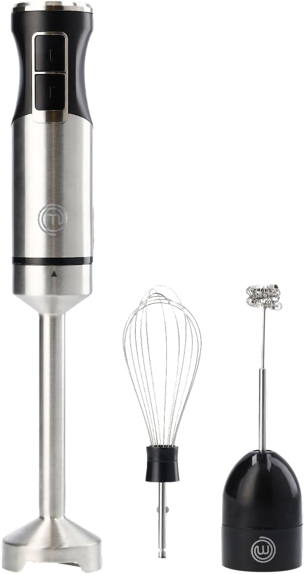MasterChef Immersion Blender Handheld with Electric Whisk &amp Milk Frother Attachments Hand Held Stainless Steel Stick Emulsifier for Making Baby Food Soup Puree Cake Cappuccino Latte etc 400
