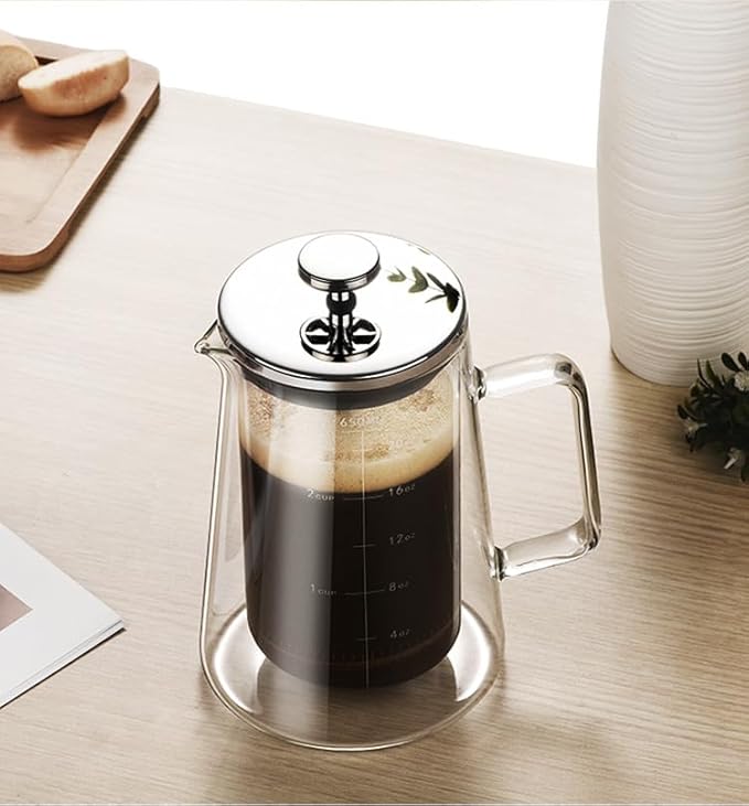 Vortex XLYTB650 Premium Double Layer French Press Coffee Maker - 650ml Heat Resistant Borosilicate Glass Pot Stainless Steel Plunger for 2-3 Cups Elegant Home Office Brew
