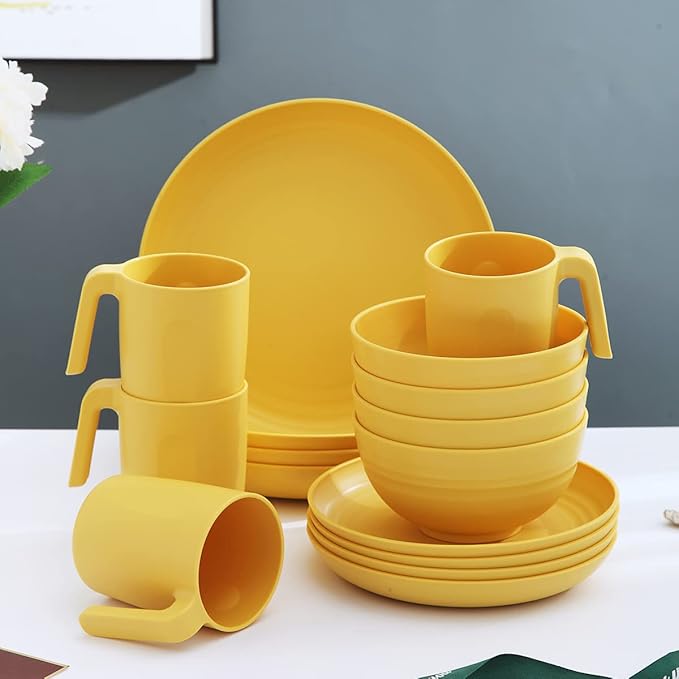 Kyraton Plastic Dinnerware Set of 16 Pieces Unbreakable And Reusable Light Weight Plates Mugs Bowls Dishes Easy to Carry And Clean Microwave Safe BPA Free Dishwasher Safe Service For 4 (Gold Yellow)