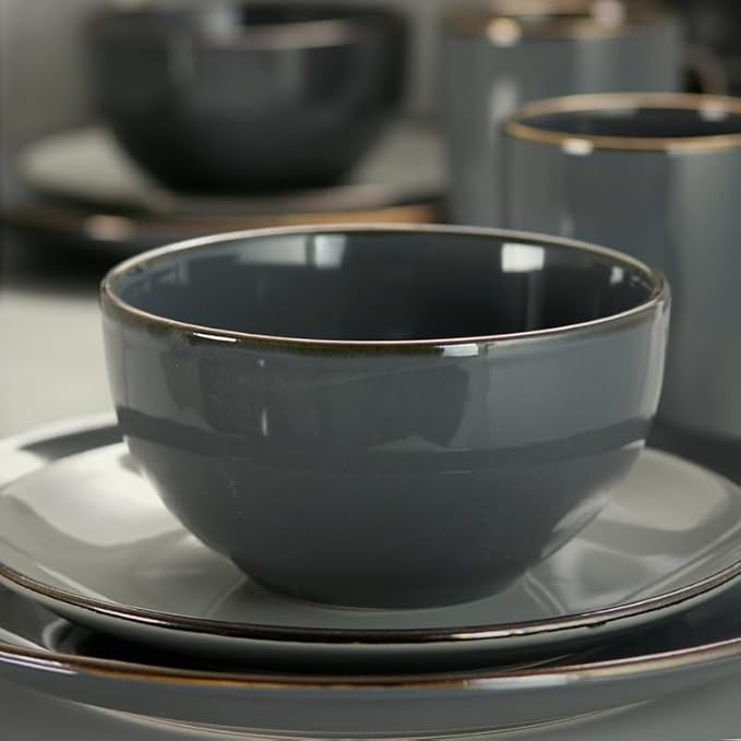 16 Pieces Dinnerware Set in Stone Slate Round Tableware Household Bowl and Dish Combination