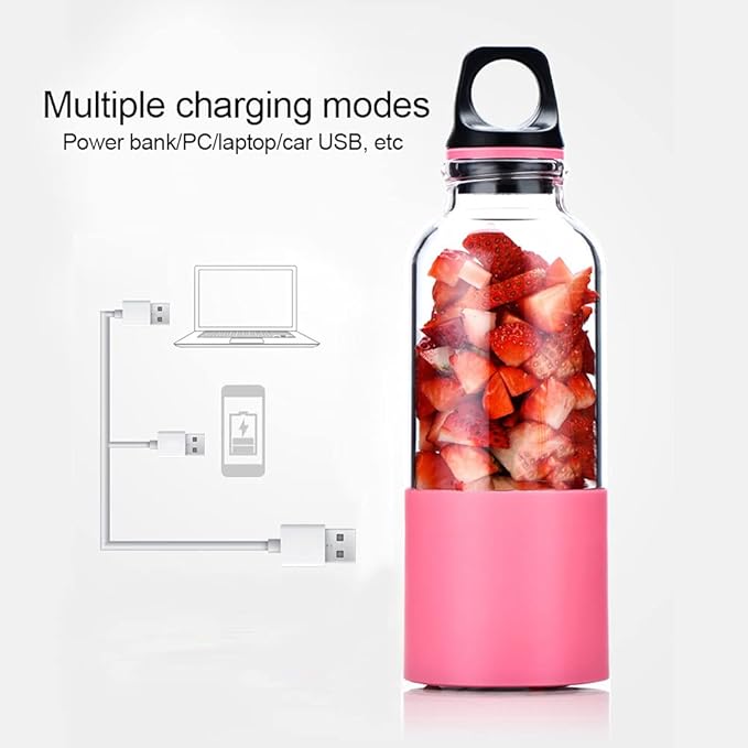 Mini Portable Blender 500ML Household Electric Juicer Cup Vegetables Fruit Juice Maker Automatic Tool USB Rechargeable Smoothie Personal Blender Mixer Bottle(Pink)