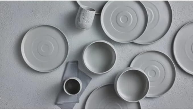 Artistic Design 32 Piece Round Elegant Stoneware Dinnerware Set For 8 | Expertly Crafted Organic Shape With Texture &amp Reactive Glaze Finish | Light Gray Color Microwave Dishwasher Safe Luxurious L