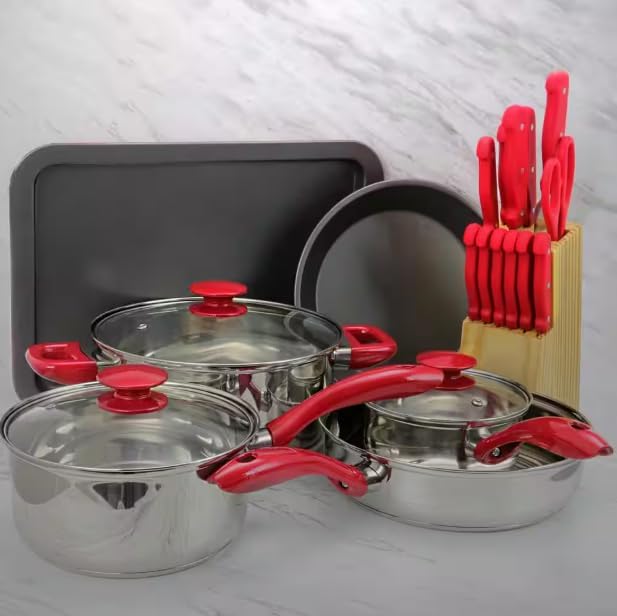 22-Piece Nonstick Cookware and Bakeware Set with Utensils – Kitchen Combo Set with Pots Pans Lids – Red Aluminum Cookware with Heat Resistant Handles