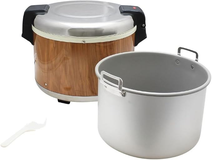 TrueCraftware- 30 Cup Electric Rice Warmer Stainless Steel Hinged Lid and Base with Wood Grain Accented Body- Keep Warm Makes Soups Stews Grains Hot Cereals for Commercial Rice Cooker and Warmer