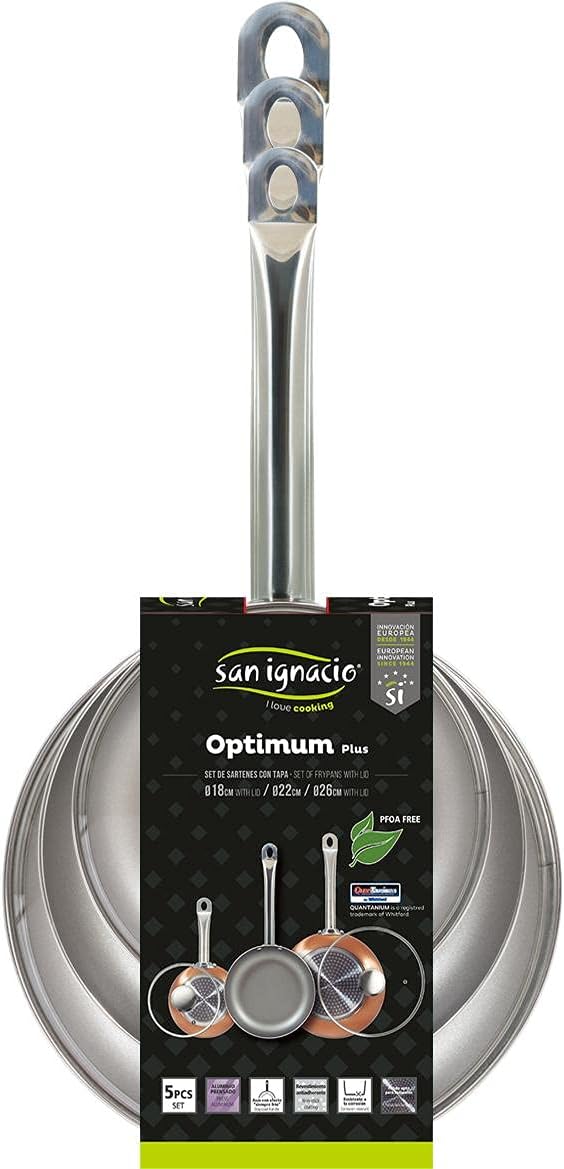 San Ignacio 5 pieces (18 + 22 + 26 cm / 2 lids) set of 5 frying pans 18/22/26 cm and 2 lids pressed aluminium suitable for induction optimum plus-copper effect multi-colour