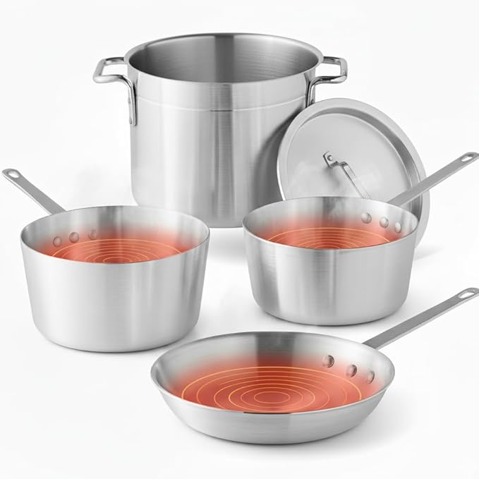 5-Piece Aluminum Cookware Set – Includes 2.75 Qt &amp 3.75 Qt Sauce Pans 8 Qt Stock Pot with Cover and 10 Fry Pan – Heavy-Duty Riveted Handles Superior Heat Distribution (5-Piece Set)