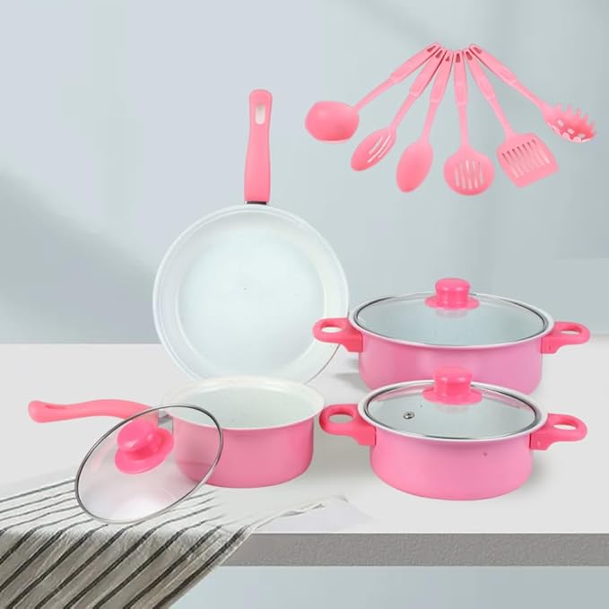 13 Piece Set Cookware Set Non-Stick Portable Lightweight Iron Pots and Pans with Glass Lids and Nylon Utensils for Outdoor Camping Picnic Travel Cookware