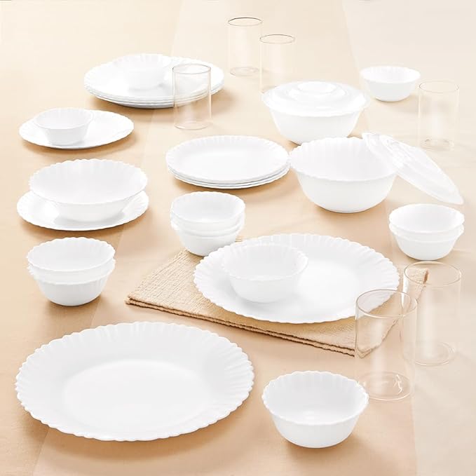 Larah By Borosil Brand Logo Silk Series Opalware Dinner Set with Glasses 35 Pcs for Family of 6 Microwave &amp Dishwasher Safe Bone-Ash Free Crockery Set for Dining &amp Gifting Plates &amp Bo