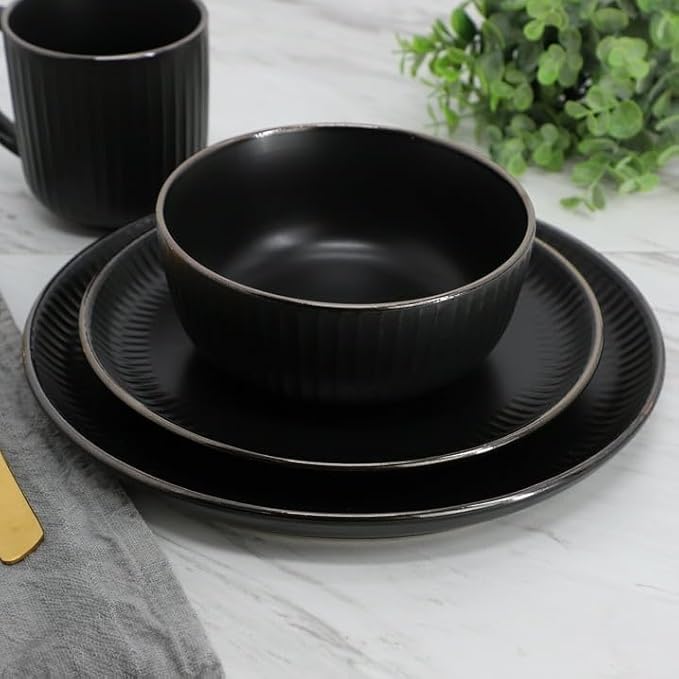 16 Piece White Stoneware Dinnerware Set – Microwave &amp Dishwasher Safe Plates Bowls and Mugs for 4 (Black)