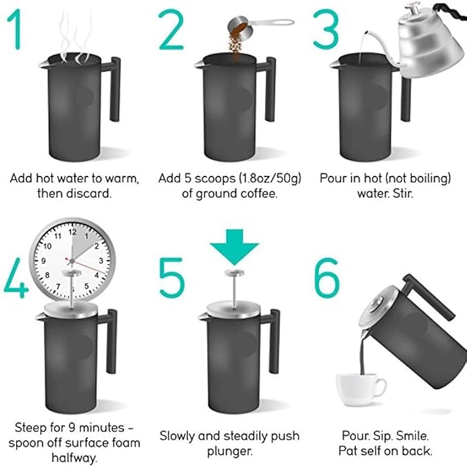 TopHomer French Press Coffee Maker Stainless Steel Insulated Insulation Coffee Maker with U Shape Spout Reusable Filter Basket Dishwasher Safe Silver(1000ml)