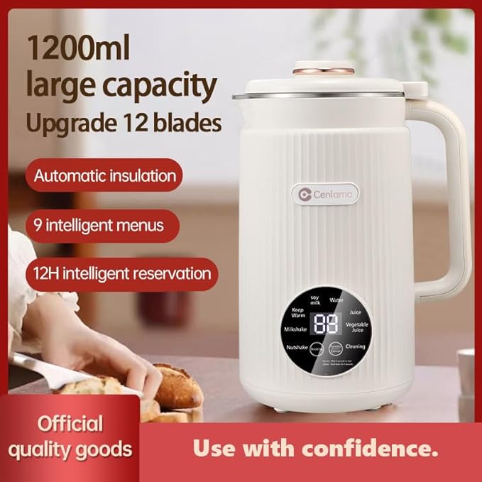 Automatic Nut Milk Maker 42 oz(1200ml) Homemade Almond Oat Soy Plant-Based Milk and Dairy Free Beverages Large Soy Milk Maker Machine with Delay Start/Self Clean White