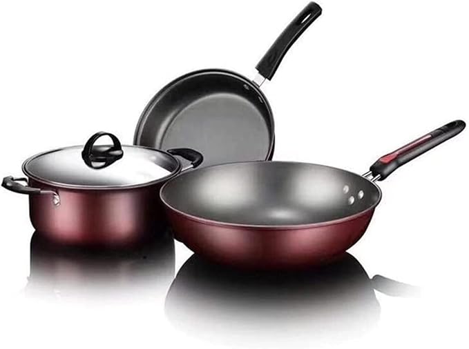 3Pcs Kitchen Cookware Set Non-Stick Cookware Frying Pan Cooking Pot &amp Pan Saucepan with Glass Lid Home