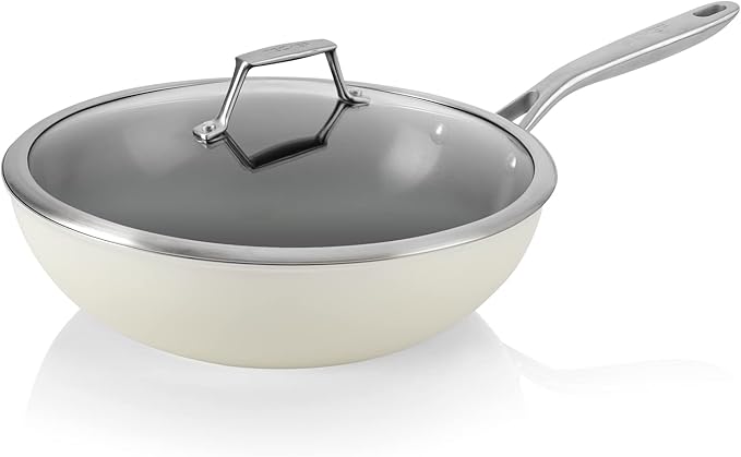 TeChef ValenCera Collectioin | Ceramic Nonstick Flat Bottom Wok Stir Fry Pan with Lid Nontoxic - Free of PFOA PTFE PFAS Induction Ready Oven Safe Made in Korea (Wok/Stir Fry Pan with Lid 12-in)