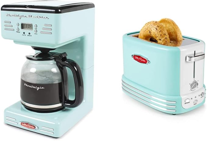 Nostalgia Retro 12-Cup Programmable Coffee Maker + Wide 2-Slice Toaster Vintage Design
