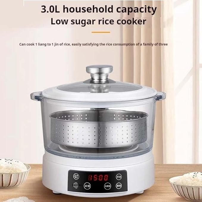 Rice Cooker Rice Steamer Low Carb  Low Sugar Digital Steamer 3.3L Glass Inner Pot with Steaming Basket Visual Electric Cooker with 6 Menus for Family Use