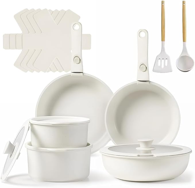 17pcs Pots and Pans Set - Non Stick Cookware Set Detachable Handle Stackable Cookware Set Ceramic Pots and Pans Kit with Cooking Utensils Oven Dishwasher Safe