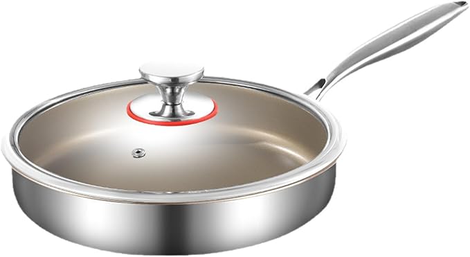 11 Inch Titanium-Infused 304 Stainless Steel Frying Pan with Glass Lid Low-Smoke Non-Stick Skillet Wear-Resistant &amp All Cooktop Compatible Durable Cooking Pan for Home Kitchen