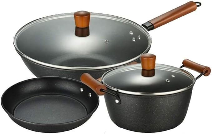Kitchen s 3Pcs Soup Pot with Glass Lid Wok Frying Pan Medical Stone Wrought Iron Non-Stick Cooking Pot Set Kitchen Cooking Set Cooking Pots(