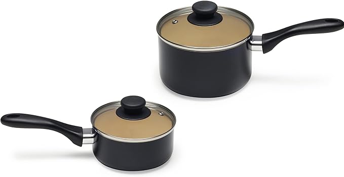 Amazon Basics 11-Piece Ceramic Non-Stick Pots and Pans Set Dishwasher &amp Oven Safe Easy Clean Glass Lids Black/Cream