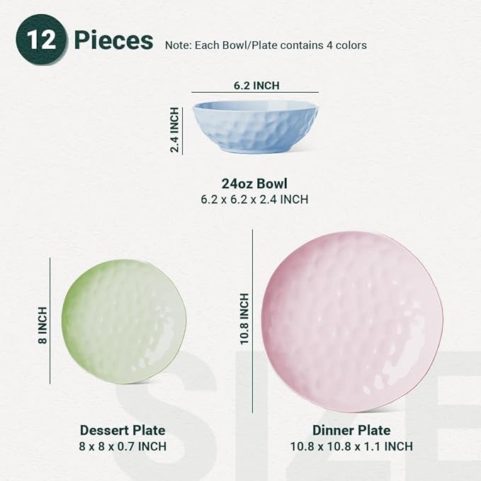 HOMBENE Plates and Bowls Sets Dinnerware Set 12 Piece Service Porcelain Dinnerware for 4 for Dessert Salad and Pasta Mixed Colors Dishes