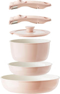 Ceramic Pots and Pans Set Non Stick Nonstick Kitchen Cookware Sets Non Toxic Pots and Pans Set Non Stick PFAS PFOA &amp PTFE Free Detachable Handle Pots and Pans 6 Piece RV Cookware (Pink)