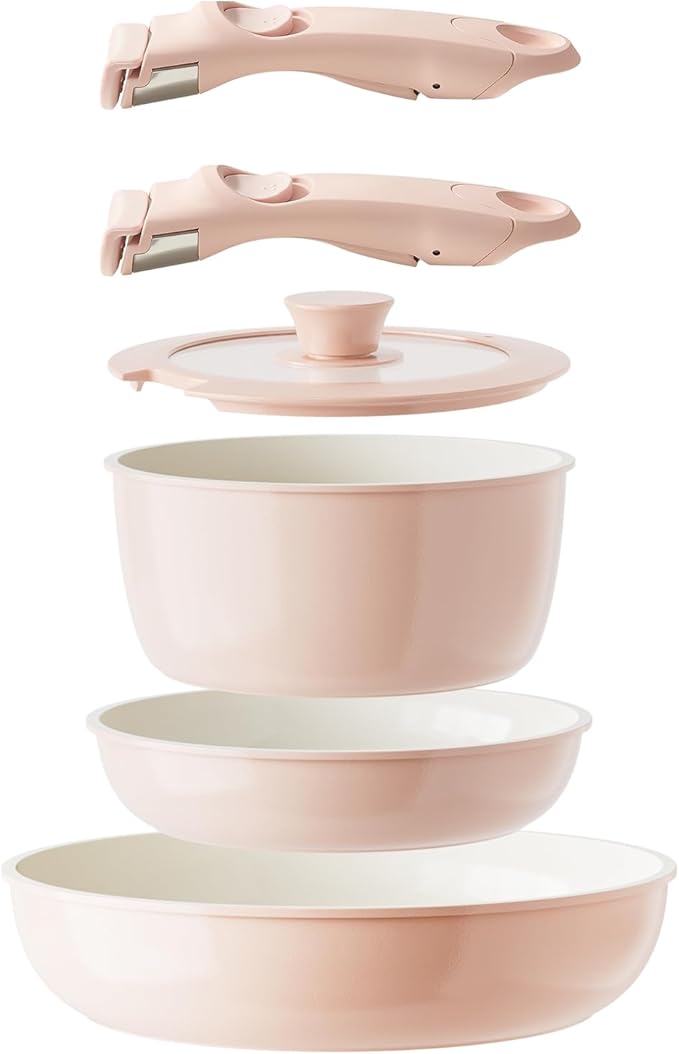Ceramic Pots and Pans Set Non Stick Nonstick Kitchen Cookware Sets Non Toxic Pots and Pans Set Non Stick PFAS PFOA &amp PTFE Free Detachable Handle Pots and Pans 6 Piece RV Cookware (Pink)