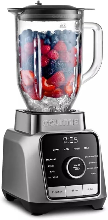 Gourmiia Digital Blender 38oz Glass Jar – 8 Auto Blend Programs 4 Speeds Pulse &amp Tamper – Ice Crusher Smoothie Maker BPA-Free Easy-Clean High-Speed Countertop Blender – Gray