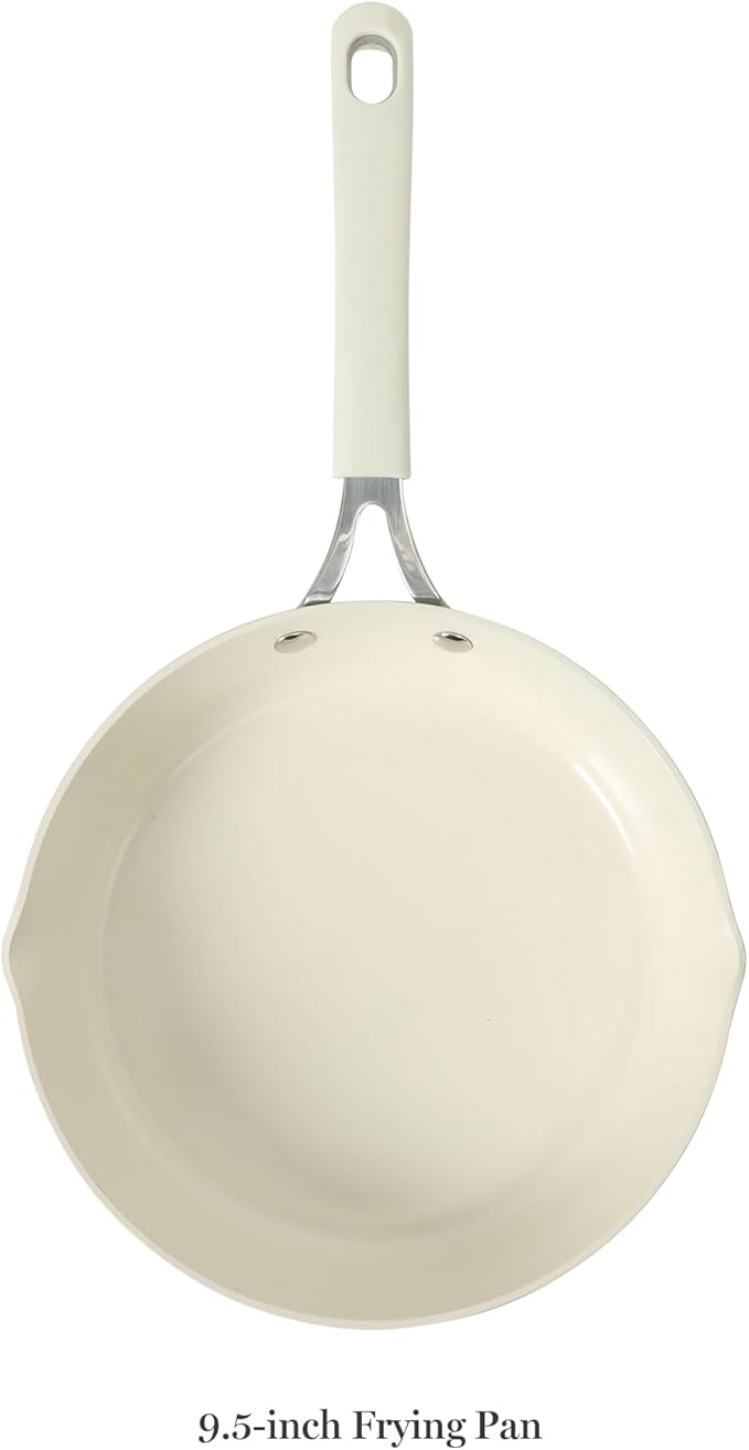 Martha Stewart Heathland 9.5 Inch Aluminum Cookware Non-Toxic Premium Ceramic Non Stick Frying Pan Kitchen Egg Pan Omelet Pots and Pans Linen White Induction Safe