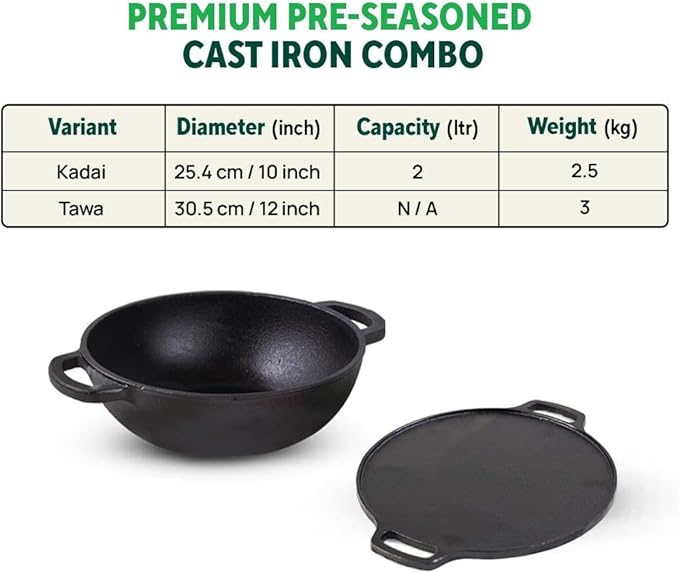 Pre-Seasoned Cast Iron Cookware Set | Cast Iron Tawa (30 Cm) Cast Iron Kadai (25.4 Cm/2.3L) | Kitchen Cookware Set Combo Pots And Pans Set Of 2 Pcs