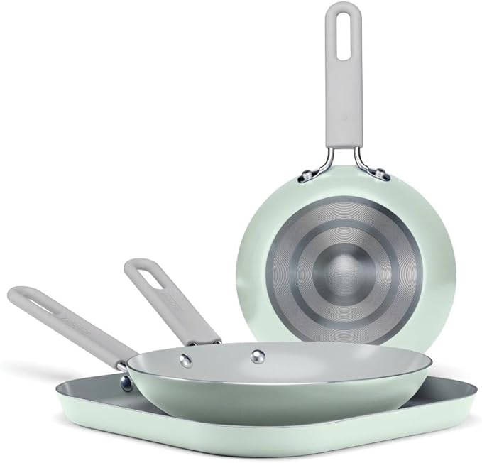 3-Piece Green Ceramic Cookware Set Non-Stick Ceramic Cookware Set with Frying Pans Healthy &amp Safe Green Pans Non-Stick Cookware