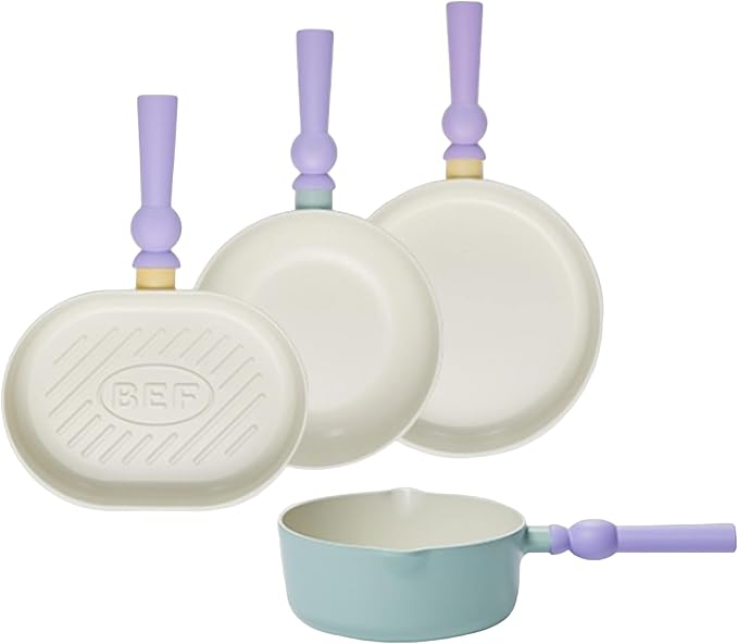 Neoflam Better Finger Cookware Set - Mint and Yellow All-in-One 4-Piece Ceramic Coating Kitchen Woks and Pans
