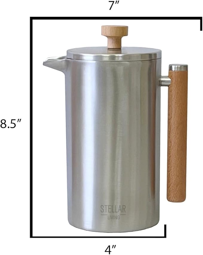 Stellar Living 34 OZ Stainless Steel French Press Coffee Maker with Double Vacuum Insulation Maximum Flavor Coffee Brewer Tea and Coffee Press Camp Coffee Maker - Matte Silver with Wooden Handle