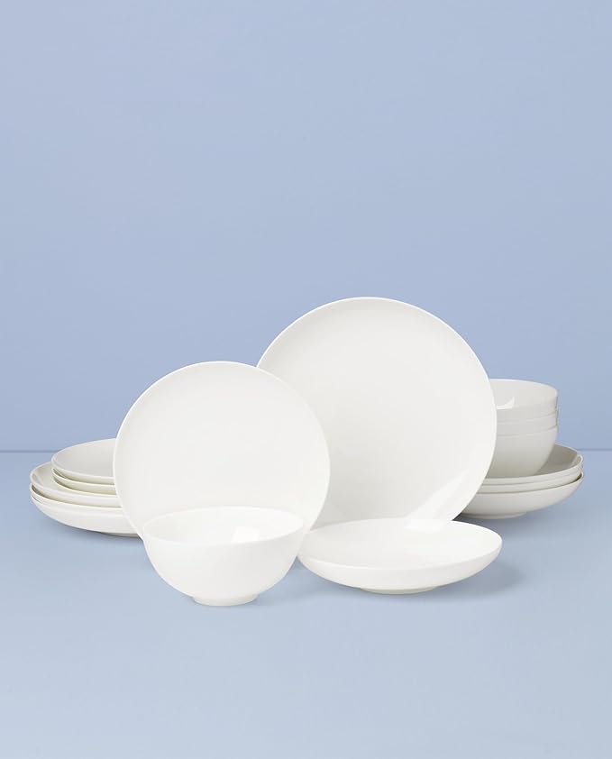 Lenox Dinnerware Set Studio 1414 Coupe 16-Piece Set Service For 4 Bone China Material Dishwasher &amp Microwave Safe Home And Kitchen Kitchen And Dining Plates And Bowls Sets (White 16 Pieces