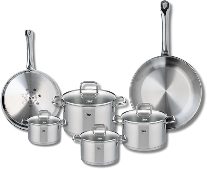 ELO 9504050 6-Piece Cookware Set 2 Frying Pans 24 and 28 cm and 4 Saucepans 12 14 16 and 20 cm Elo Profi Citrine Stainless Steel Induction