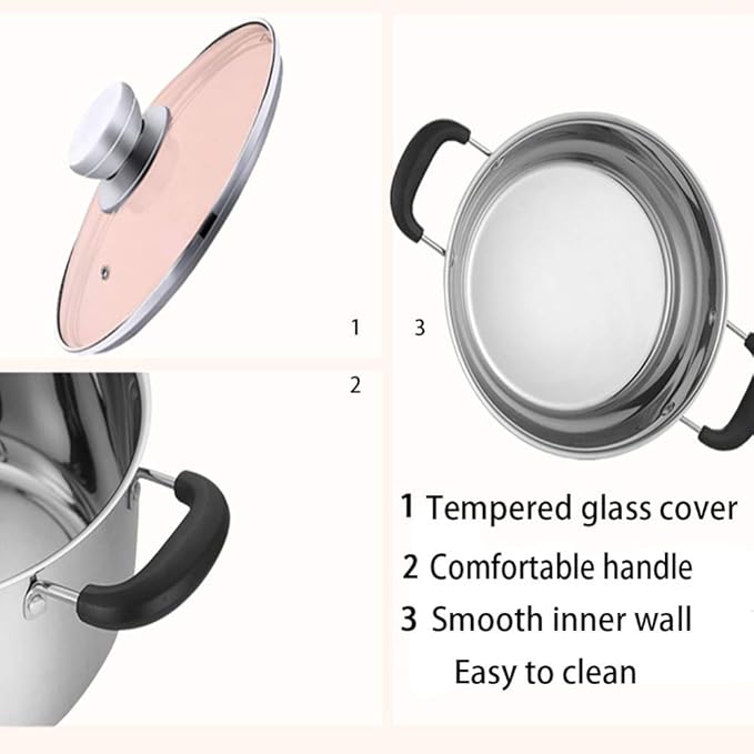 Cookware Set3-Piece Stainless Steel Pot &amp Pan Sets Induction Safe Saucepan Casserole with Glass LidSteamer (Set of 3) Suitable for Gas Induction Cooker Easy to Clean
