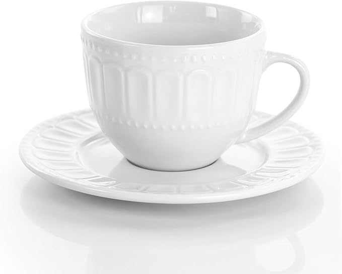 20 Piece White Porcelain Dinnerware Set with Mugs and Saucers – Embossed Arched Design Service for 4 Microwave &amp Dishwasher Safe