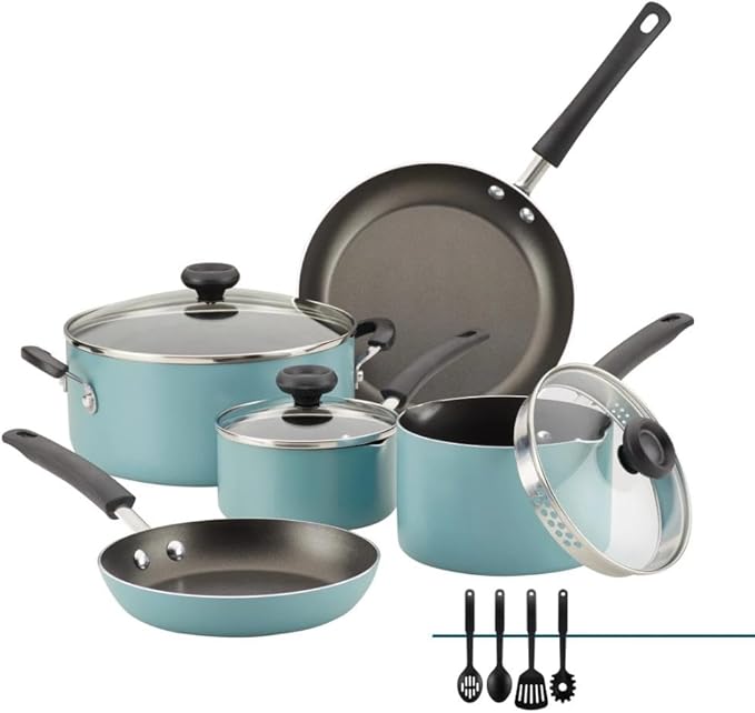 12-Piece Blue Non-Stick Pots and Pans Set with Cooking Utensils Dishwasher Safe Aluminum Cookware Even Heating for Various Kitchen Needs