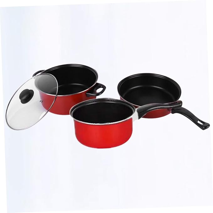 FUOYLOO 3pcs Nonstick Frying Pan Soup Pot Milk Pan Set Red Kitchen Cookware Multifunctional Cooking Tool Home Daily Use