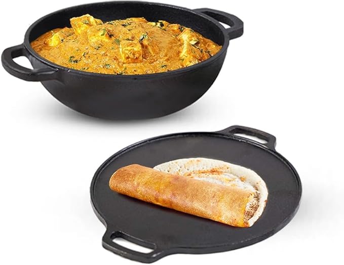 Pre-Seasoned Cast Iron Cookware Set | Cast Iron Tawa (30 Cm) Cast Iron Kadai (25.4 Cm/2.3L) | Kitchen Cookware Set Combo Pots And Pans Set Of 2 Pcs
