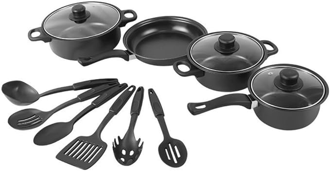 13 Piece Set Cookware Set Non-Stick Portable Lightweight Iron Pots and Pans with Glass Lids and Nylon Utensils for Outdoor Camping Picnic Travel Cookware