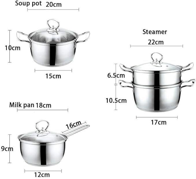 3-Piece Stainless Steel Cookware Set - Induction Safe Includes Soup Pot (20cm) Milk Pot (18cm) Steamer (22cm) with Glass Lids Ergonomic Handles Compatible with Gas &amp Induction Cookers