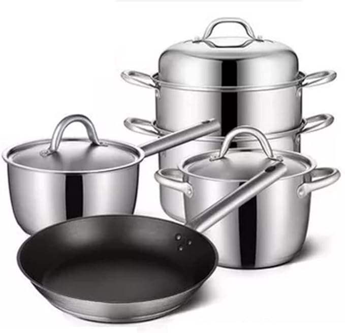 Cookware Set Stainless Steel Household Frying Pan Soup Pot Set Tool Steamer Frying Pan Glass Lid Kitchen Utensils (Color : A Size A (A