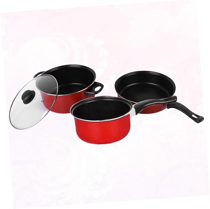 STOBAZA 3pcs Nonstick Frying Pan Soup Pot Milk Pan Set Red Multifunctional Kitchen Cookware Cooking Tool for Home Daily Use
