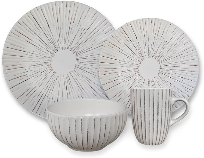 Artesa Organics Shell Ceramic Dinnerware Set White Matte Hand-Painted 4-Piece Place Setting with Dinner Plate Salad Plate Bowl Mug Microwave Safe