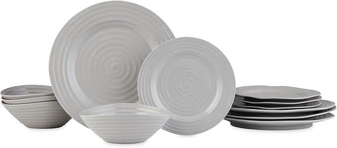 Portmeirion Sophie Conran Grey 12-Piece Dinnerware Set Porcelain Plates &amp Bowls for Everyday Dining &amp Entertaining - Service for 4 with 11 Dinner Plates 8 Salad Plate 7.5 Bowls